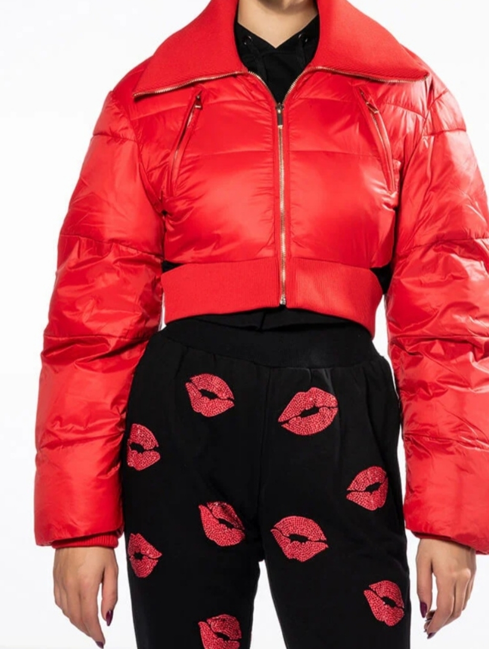 AKIRA Red Crop Puffer Jacket M NWOT Cutout Jacquemus Inspired Gold Zip
